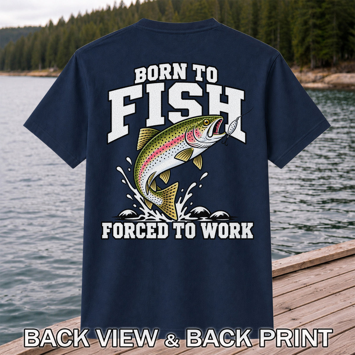 Born to Fish Forced to Work Rainbow Trout Fishing T-Shirt | Back Print