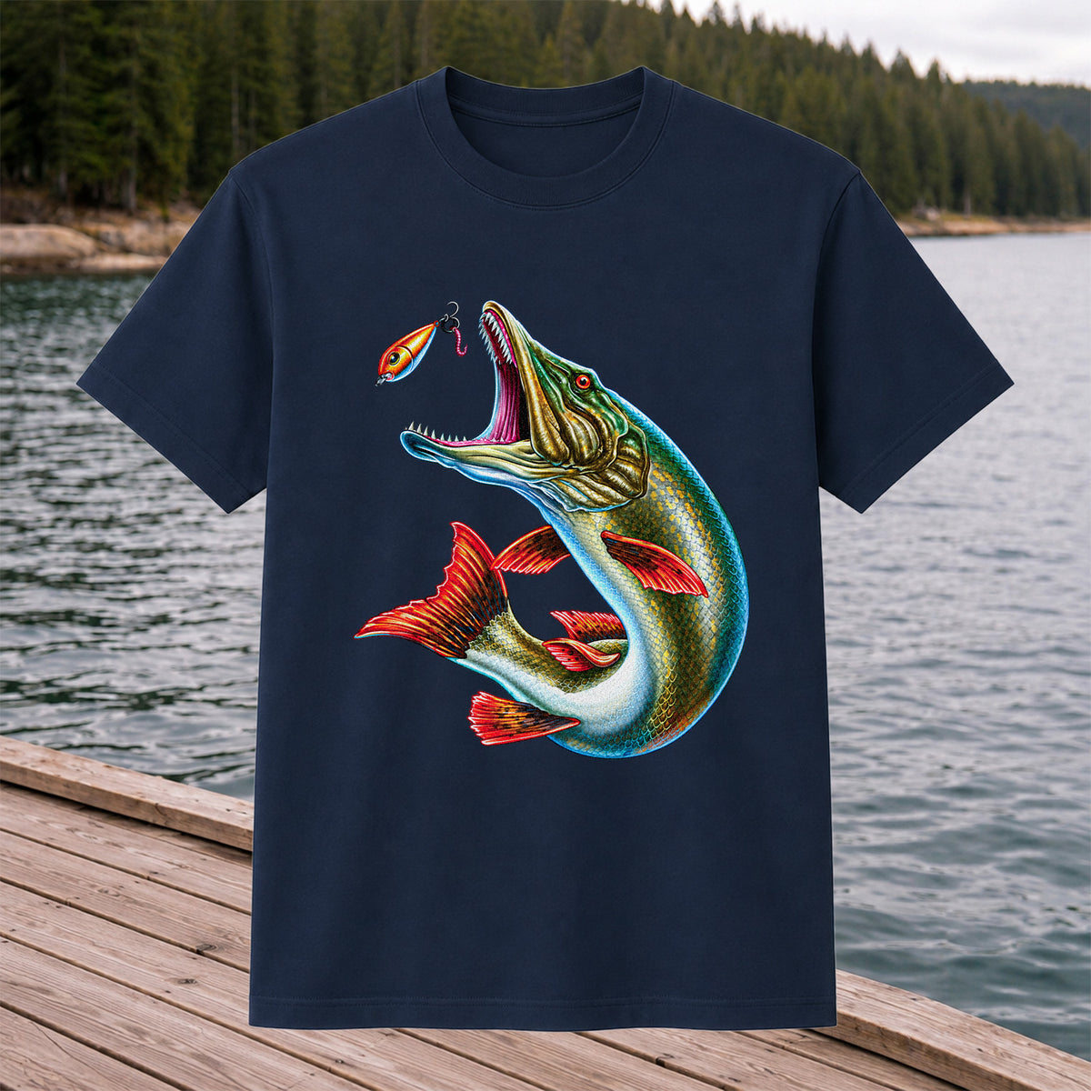 Northern Pike Chasing Fishing Lure Graphic T-Shirt