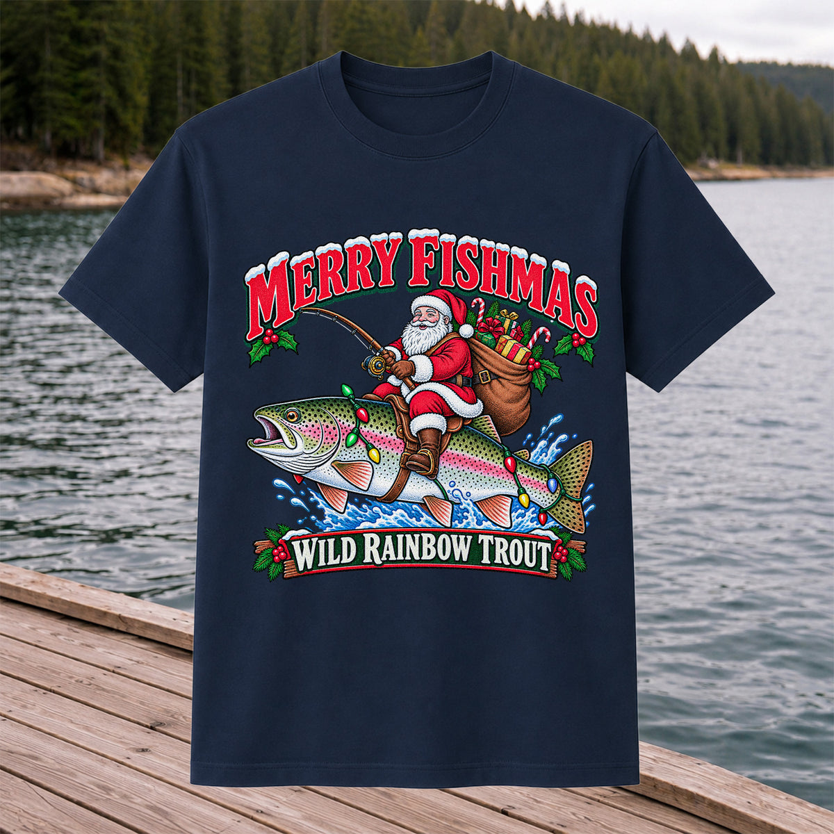 Merry Fishmas Santa Riding a Wild Rainbow Trout Christmas Fishing T-Shirt