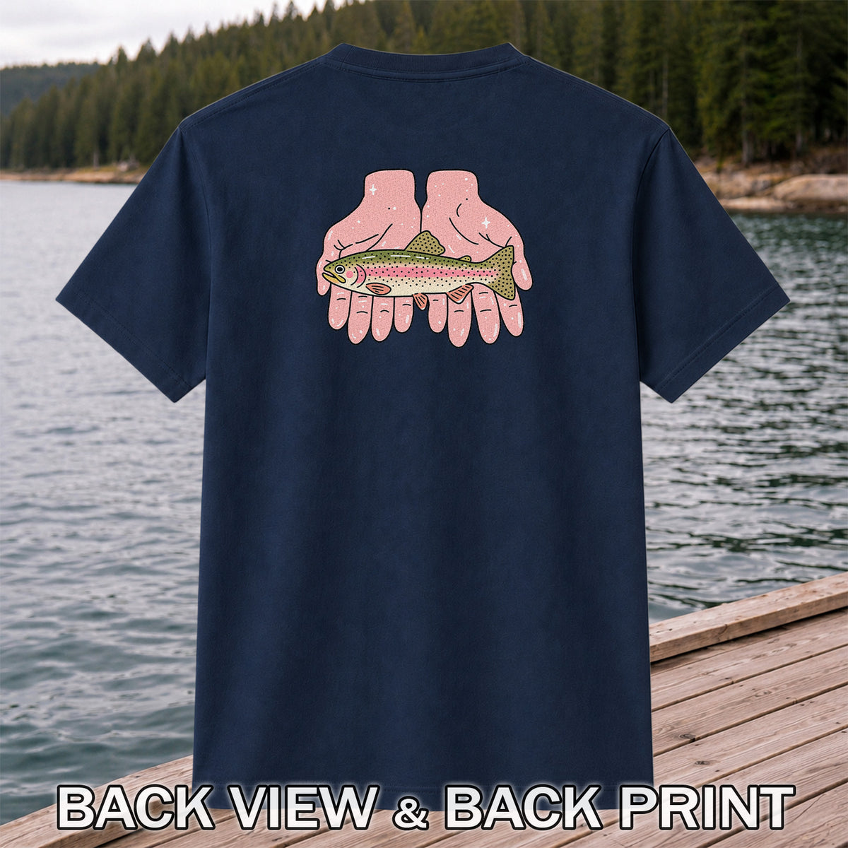 Rainbow Trout Held in Pink Hands Fishing Graphic T-Shirt | Back Print