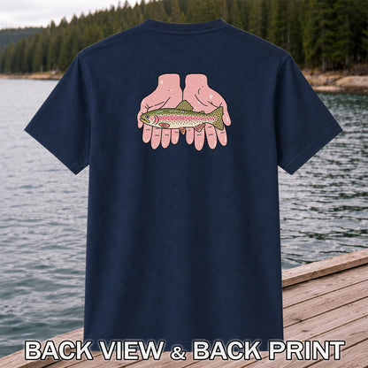 Rainbow Trout Held in Pink Hands Fishing Graphic T-Shirt | Back Print