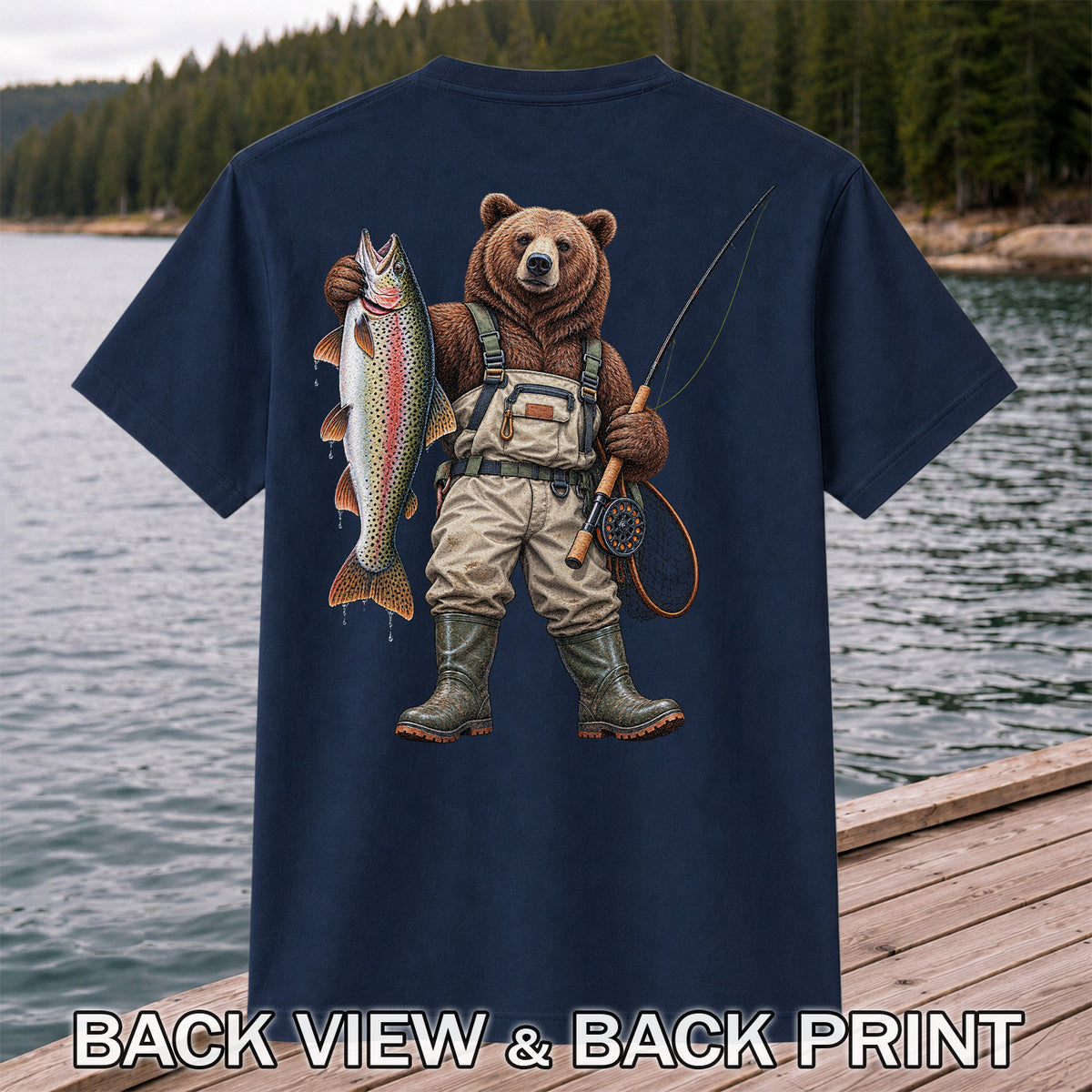 Bear Fishing with Rainbow Trout Outdoor Graphic T-Shirt | Back Print