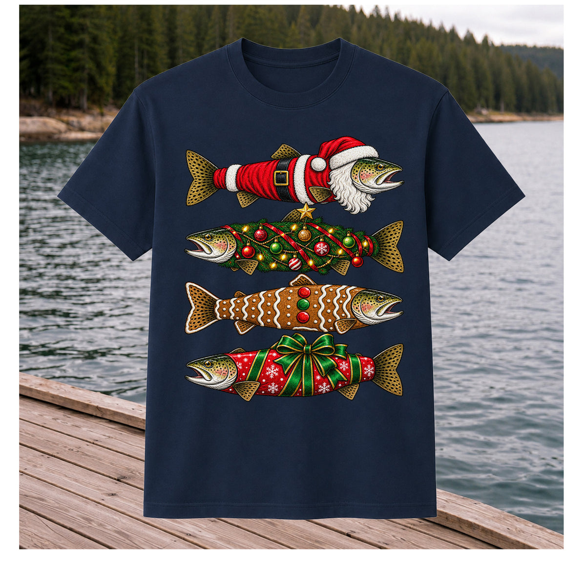 Festive Christmas Trout Santa and Gingerbread Fishing T-Shirt