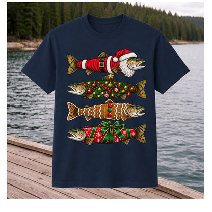 Festive Christmas Trout Santa and Gingerbread Fishing T-Shirt
