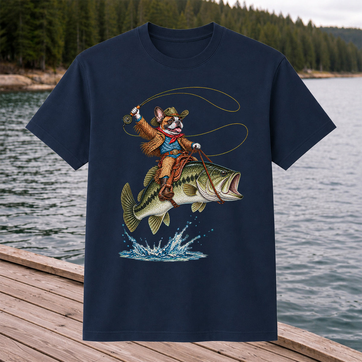 French Bulldog Cowboy Riding a Bass Fishing Graphic T-Shirt