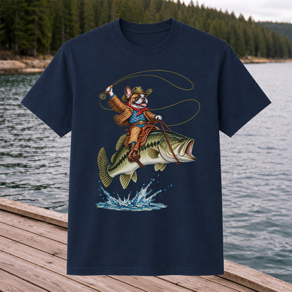 French Bulldog Cowboy Riding a Bass Fishing Graphic T-Shirt