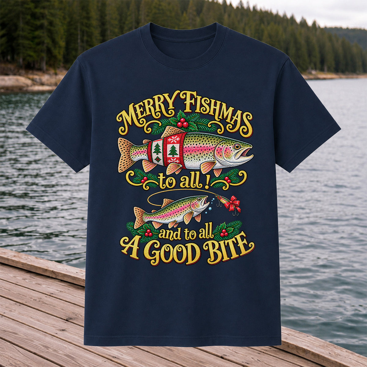 Merry Fishmas to All and to All a Good Bite Rainbow Trout Christmas Fishing T-Shirt