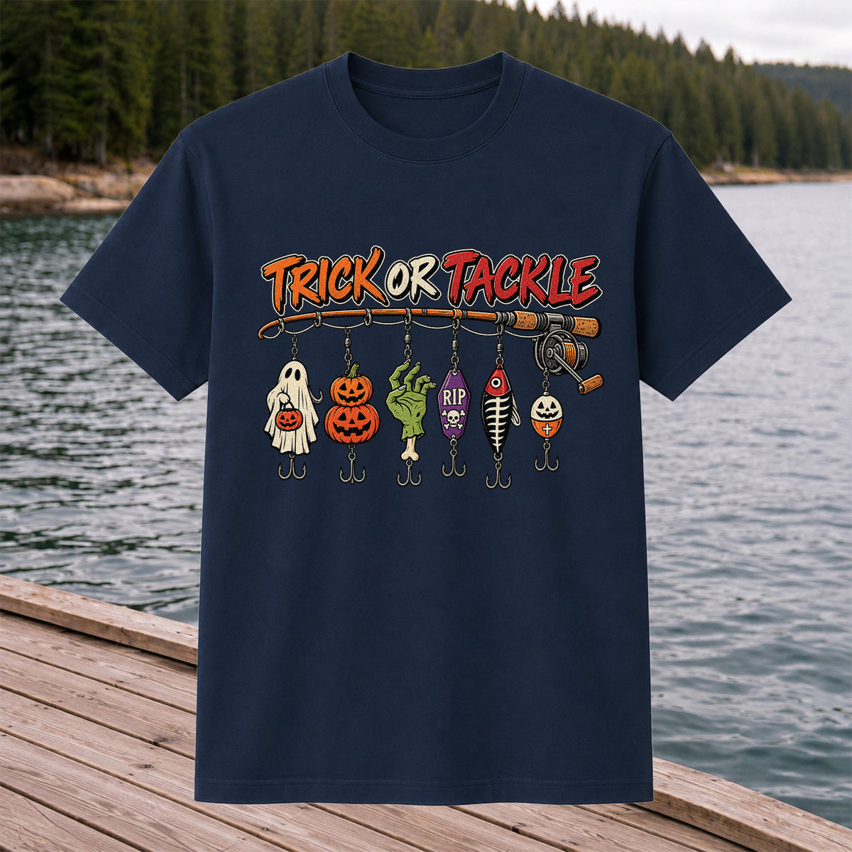 Trick or Tackle Halloween Ghost and Pumpkin Fishing Lures T-Shirt