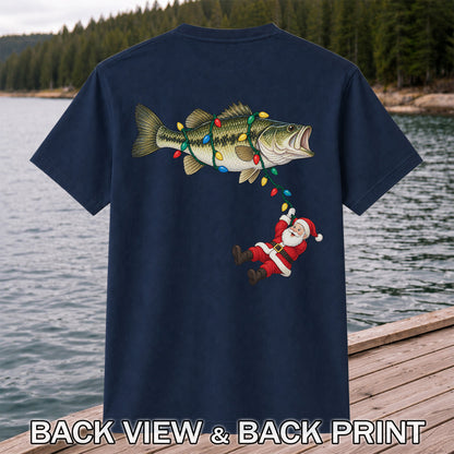 Santa Hanging from Christmas Lights on Bass Fishing Graphic T-Shirt | Back Print
