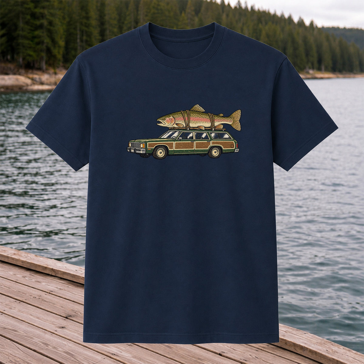 Vintage Station Wagon Carrying Rainbow Trout Fishing T-Shirt