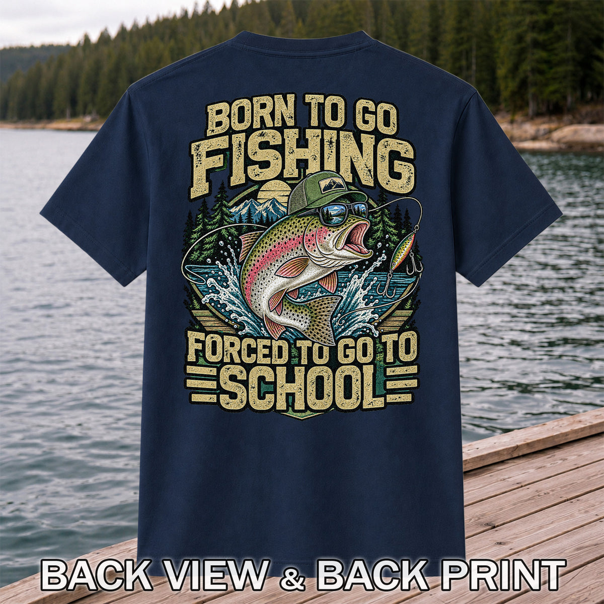 Born to Go Fishing Forced to Go to School Rainbow Trout T-Shirt | Back Print
