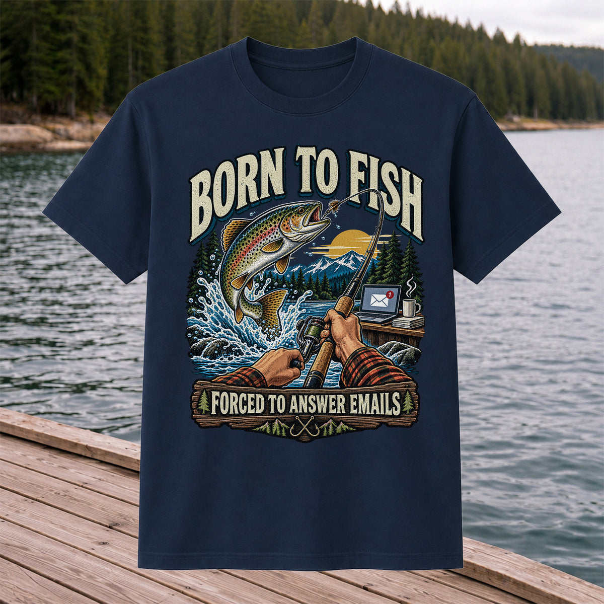 Born to Fish Forced to Answer Emails Rainbow Trout Fishing T-Shirt