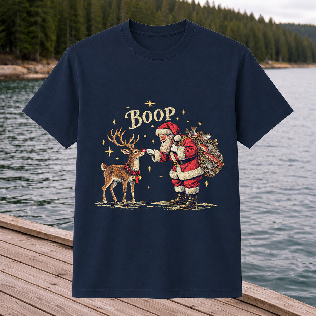 Santa and Reindeer Fishing Christmas Graphic T-Shirt