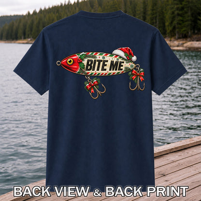Bite Me Christmas Fishing Lure Funny Graphic T-Shirt | Back Print