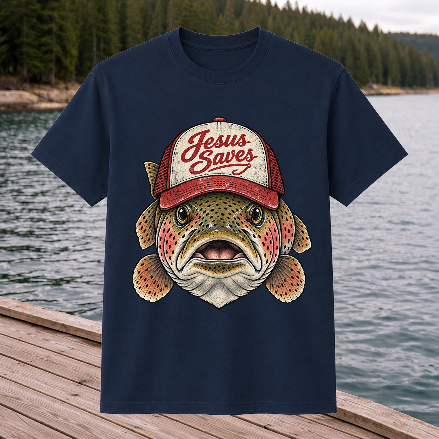 Jesus Saves Rainbow Trout in a Trucker Hat Fishing T-Shirt