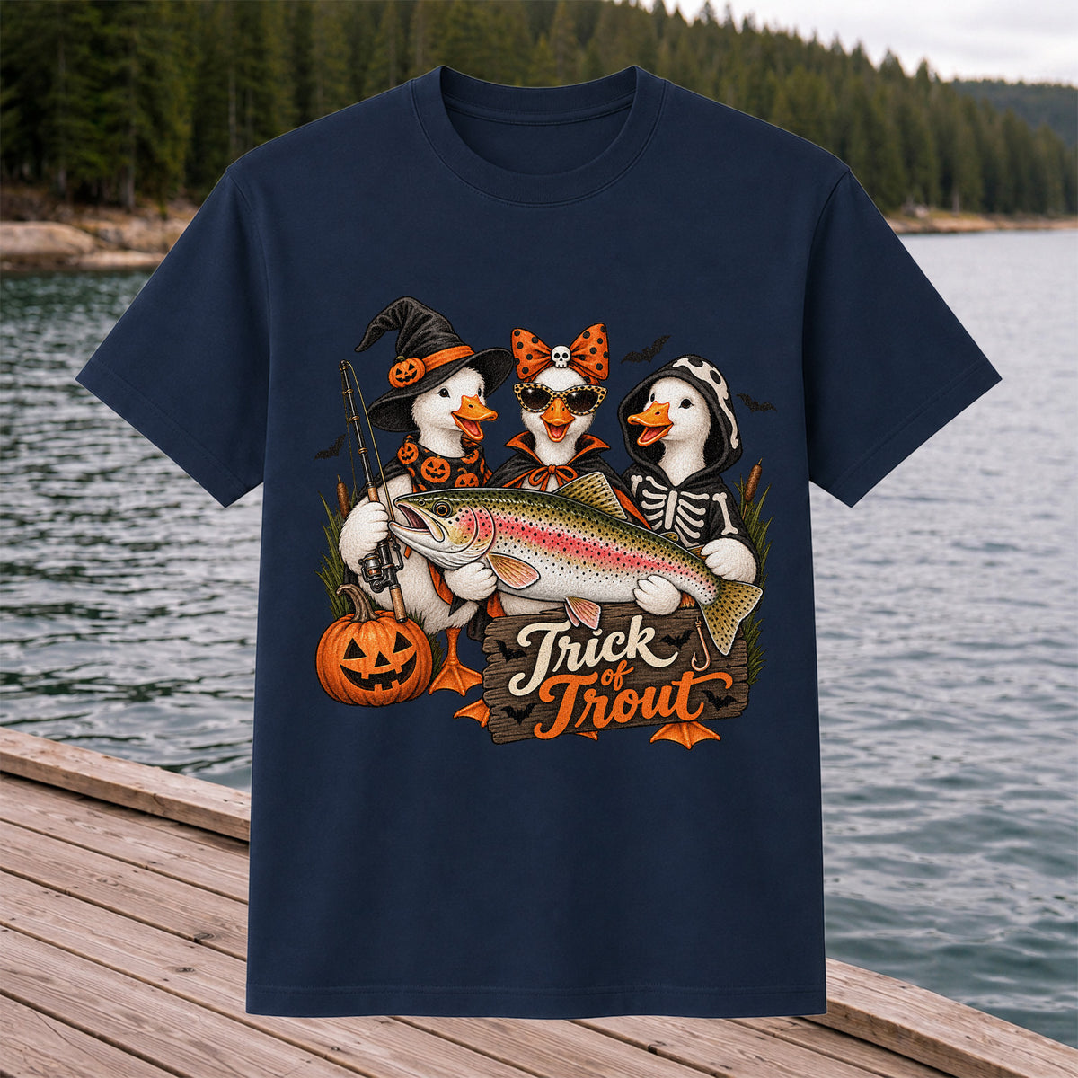 Trick of Trout Halloween Ducks with Rainbow Trout Fishing T-Shirt