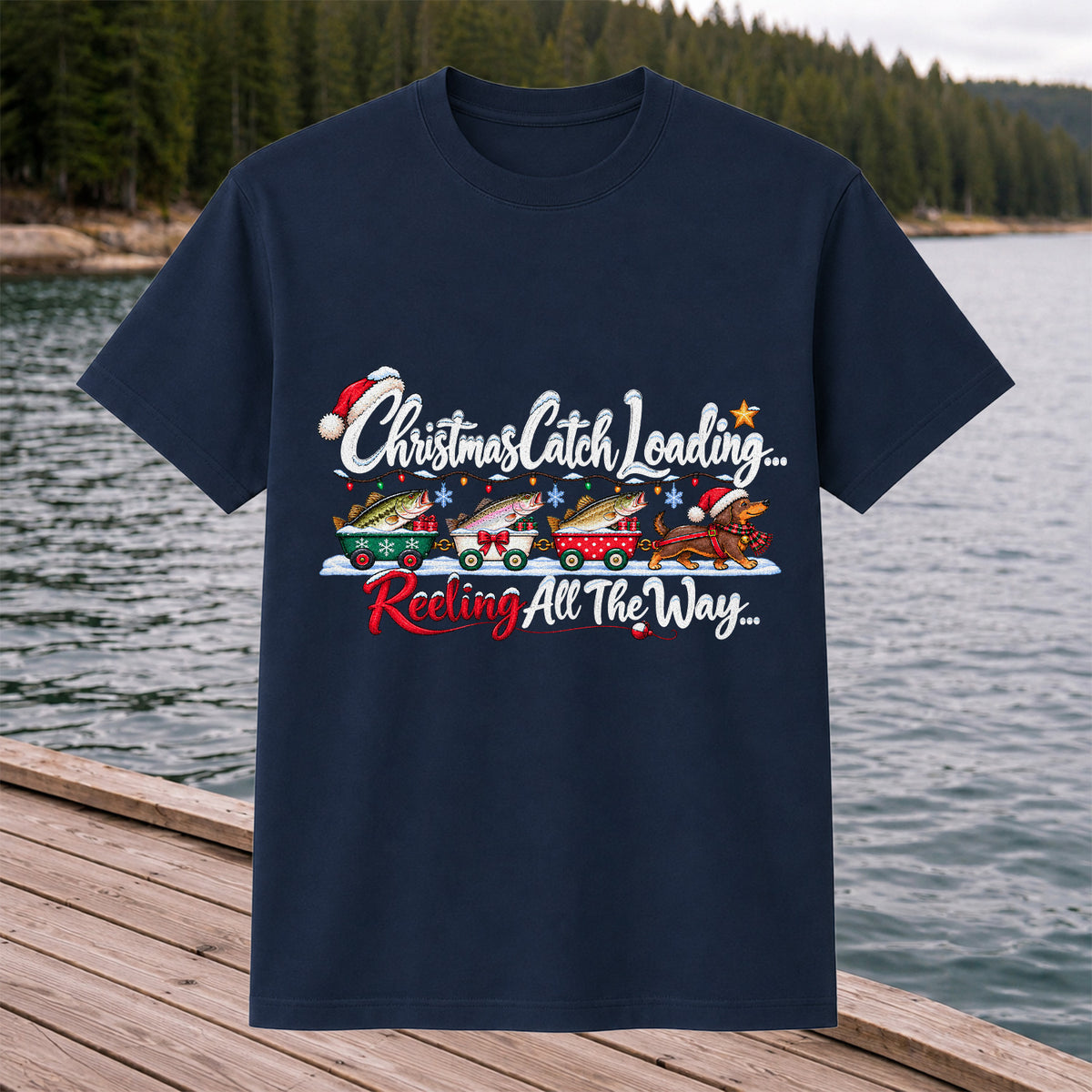 Christmas Fishing Train with Trout and Dog Graphic T-Shirt