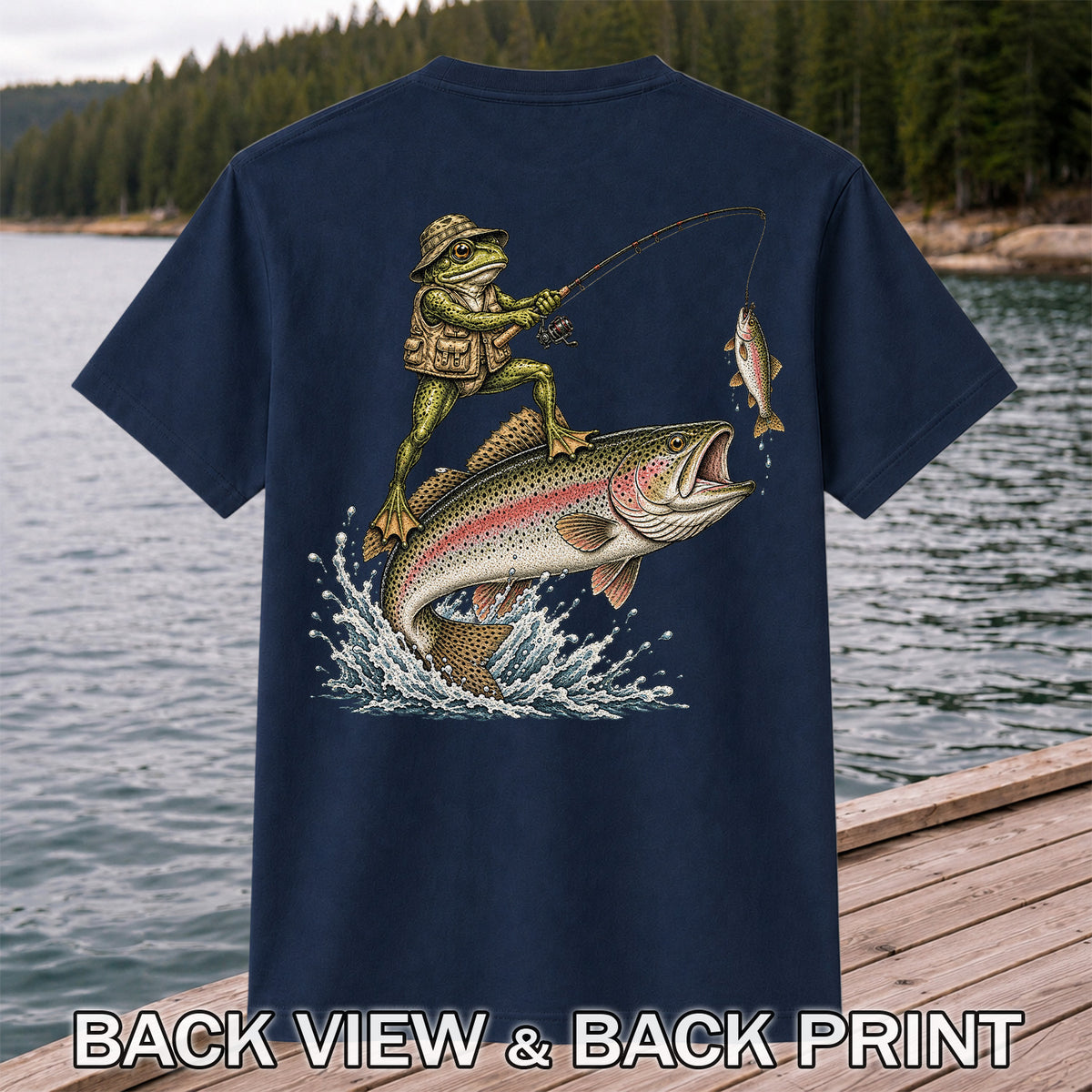 Frog Angler Riding a Rainbow Trout Fishing Graphic T-Shirt | Back Print