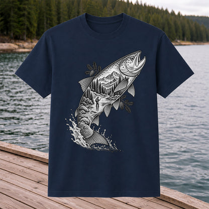 Leaping Trout with Mountain River and Angler Fishing Graphic T-Shirt