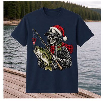 Christmas Skeleton Angler with Santa Hat and Bass Fishing T-Shirt