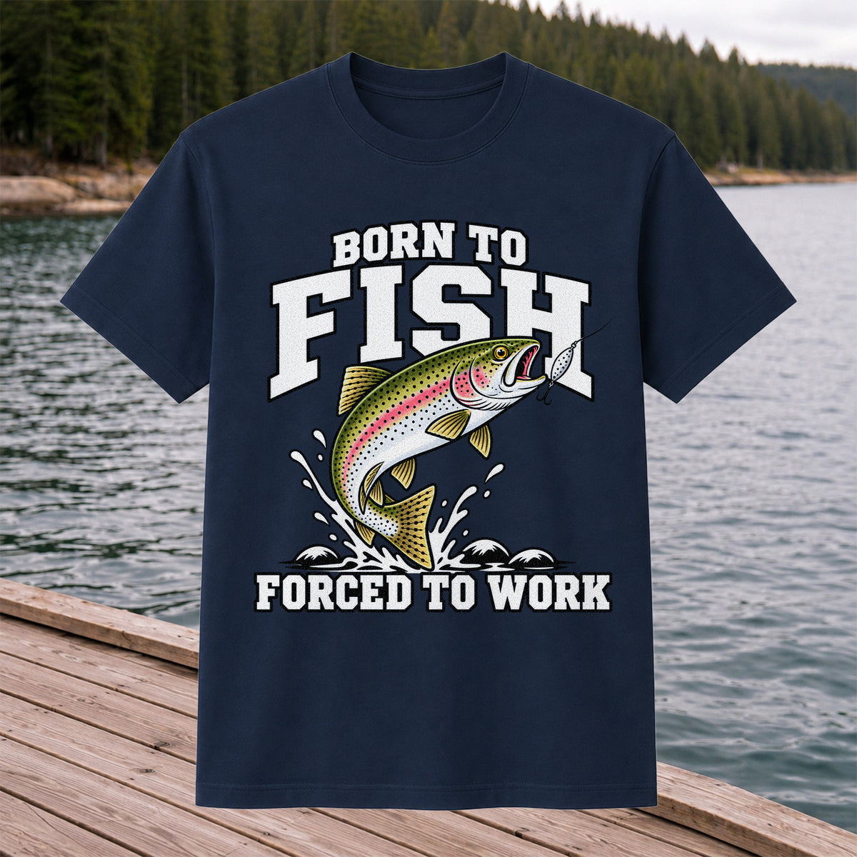 Born to Fish Forced to Work Rainbow Trout Fishing T-Shirt