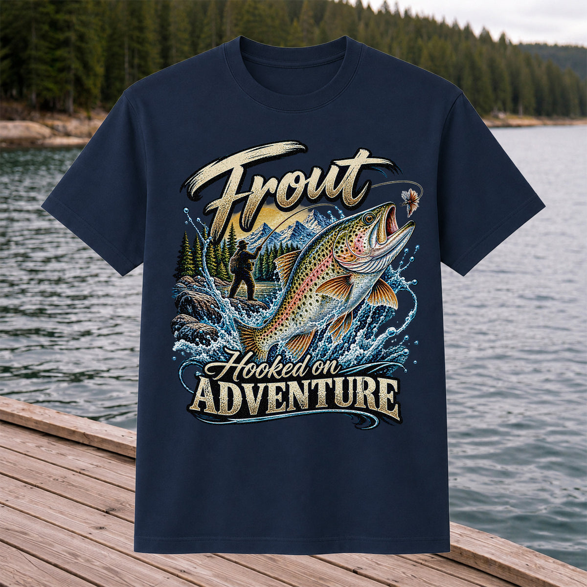 Trout Hooked on Adventure Mountain Fly Fishing T-Shirt
