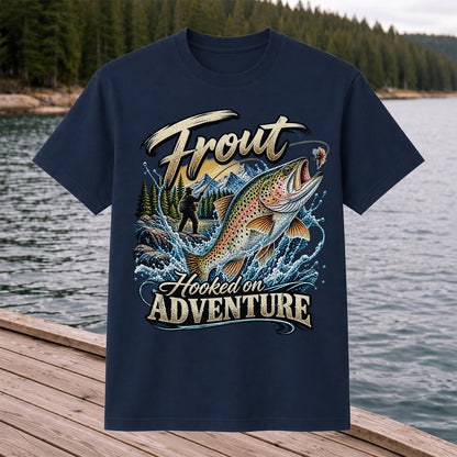 Trout Hooked on Adventure Mountain Fly Fishing T-Shirt