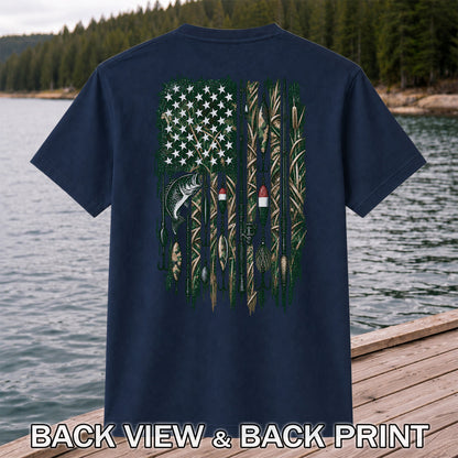 American Flag Bass Fishing Rods and Lures Graphic T-Shirt | Back Print