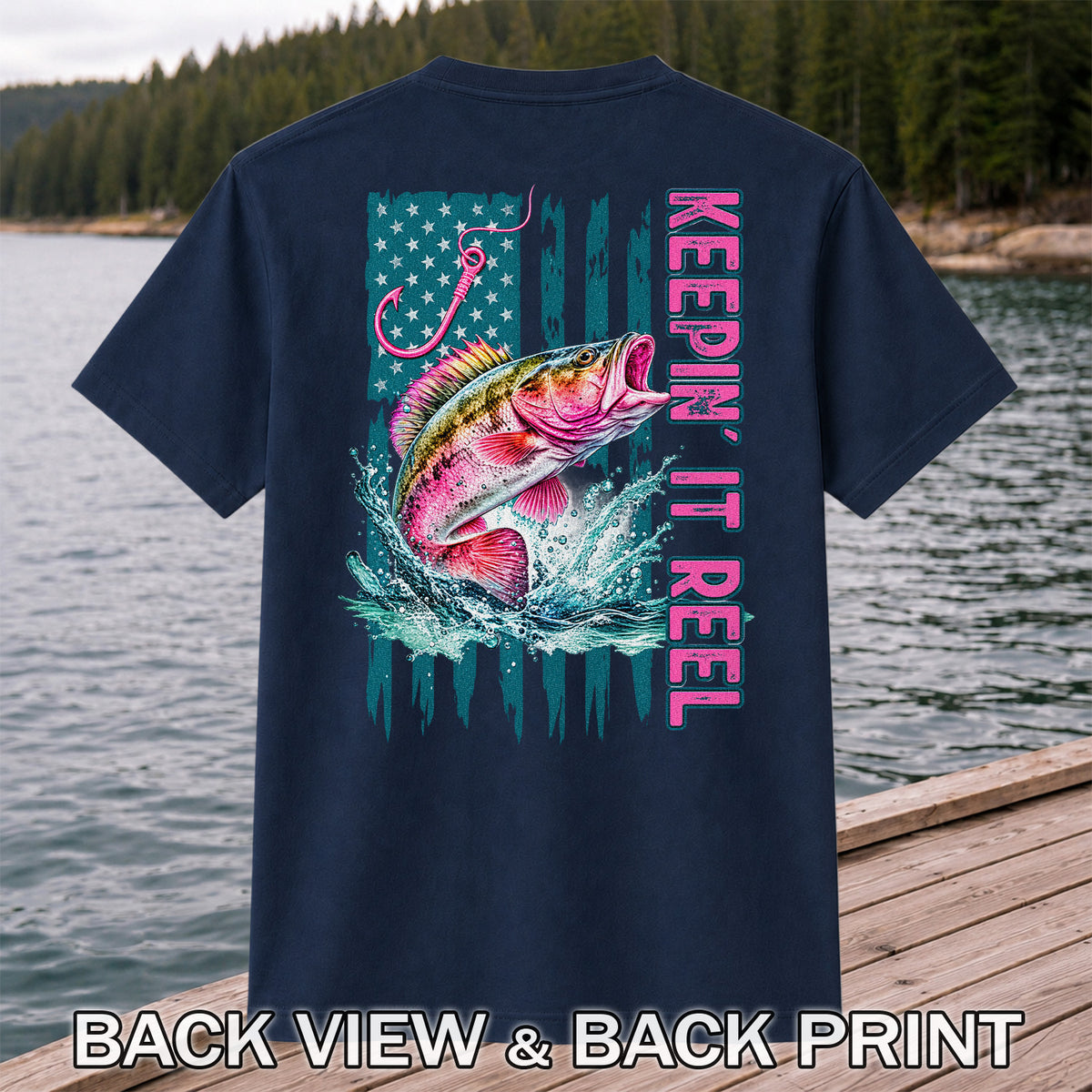 Keepin' It Reel Bass Fishing American Flag Graphic T-Shirt | Back Print