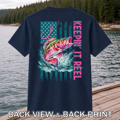 Keepin' It Reel Bass Fishing American Flag Graphic T-Shirt | Back Print