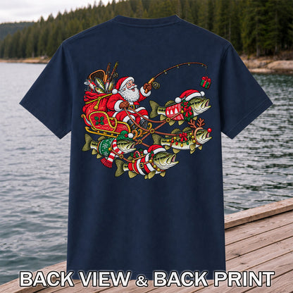 Santa Pulling Festive Bass Fishing Graphic T-Shirt | Back Print