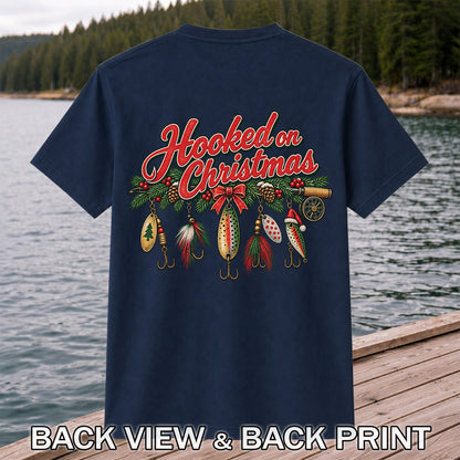 Hooked on Christmas Fishing Lure Ornaments Graphic T-Shirt | Back Print