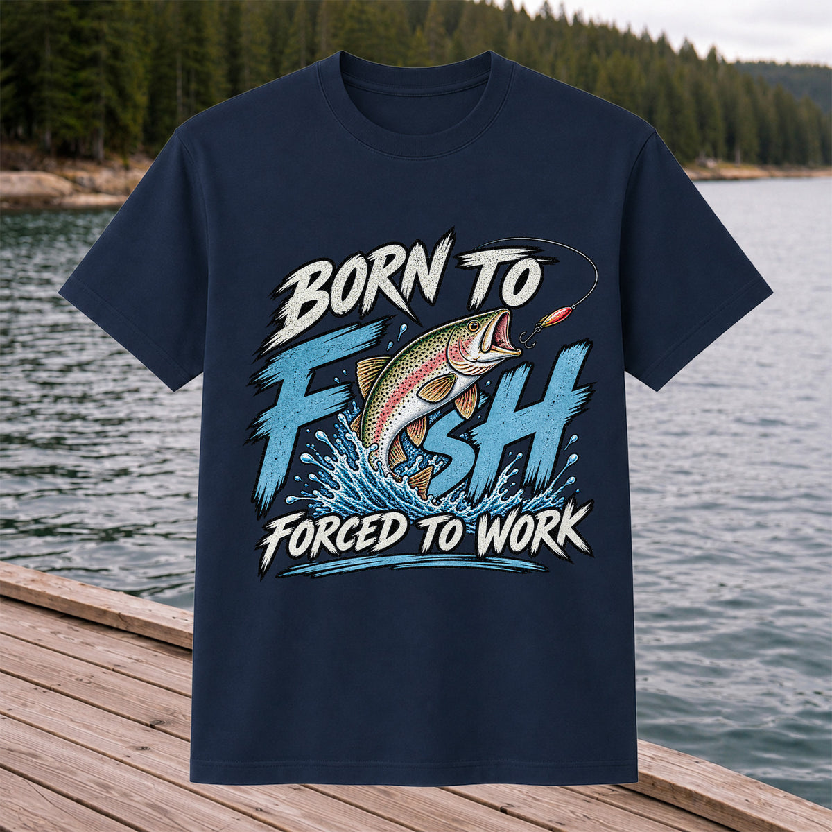 Born to Fish Forced to Work Jumping Rainbow Trout Fishing T-Shirt