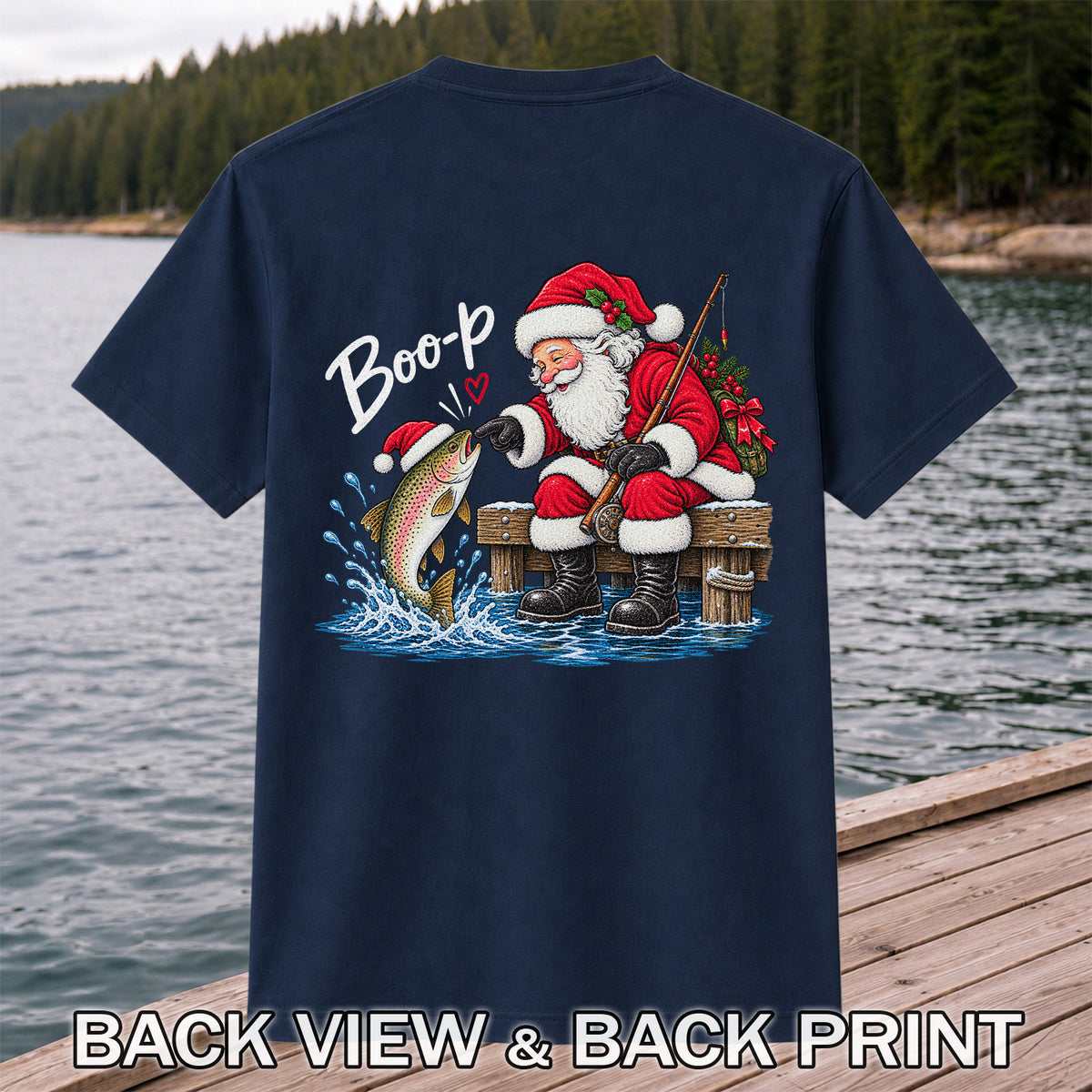 Santa Fishing for Rainbow Trout Christmas Graphic T-Shirt | Back Print
