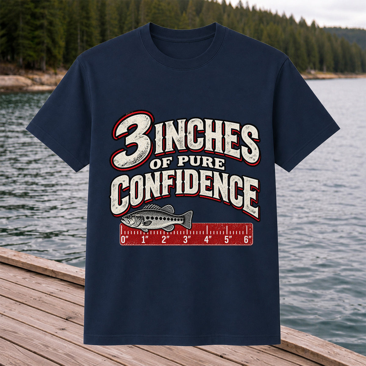 3 Inches of Pure Confidence Bass and Ruler Funny Fishing T-Shirt