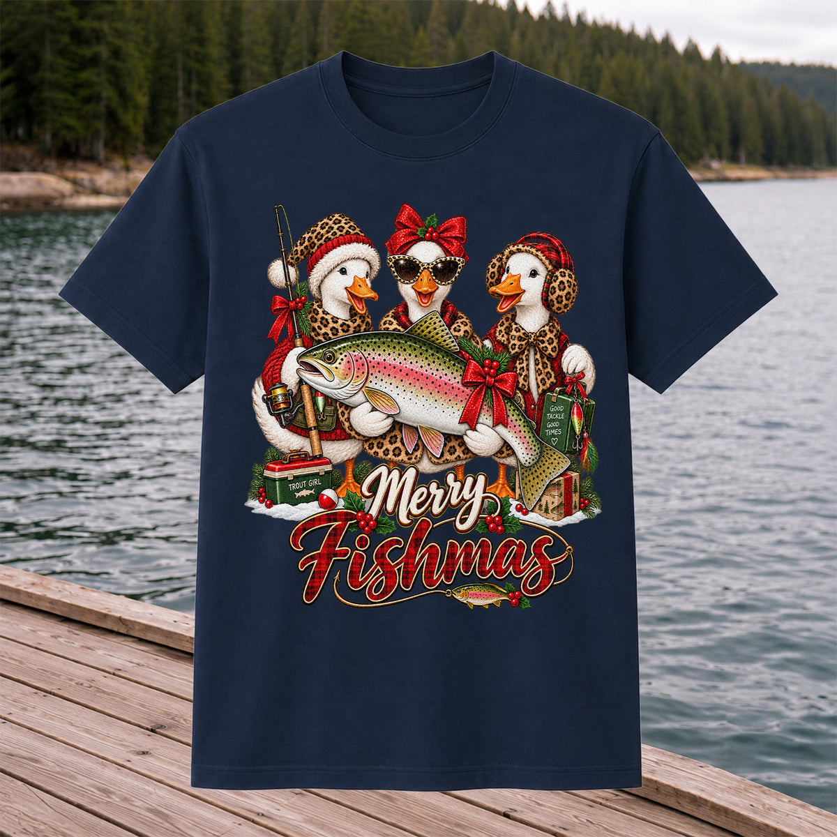 Merry Fishmas Christmas Ducks with Rainbow Trout Fishing T-Shirt