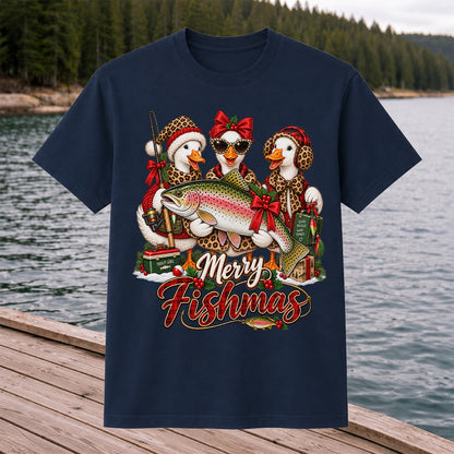 Merry Fishmas Christmas Ducks with Rainbow Trout Fishing T-Shirt
