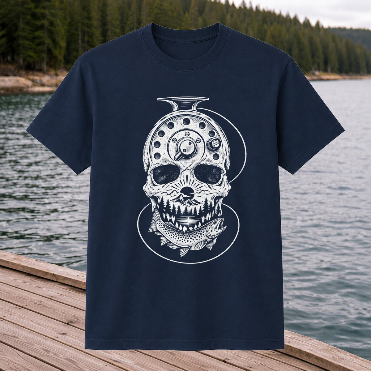 Trout and Fly Fishing Reel Skull Mountain Graphic T-Shirt
