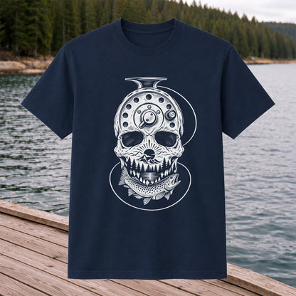 Trout and Fly Fishing Reel Skull Mountain Graphic T-Shirt