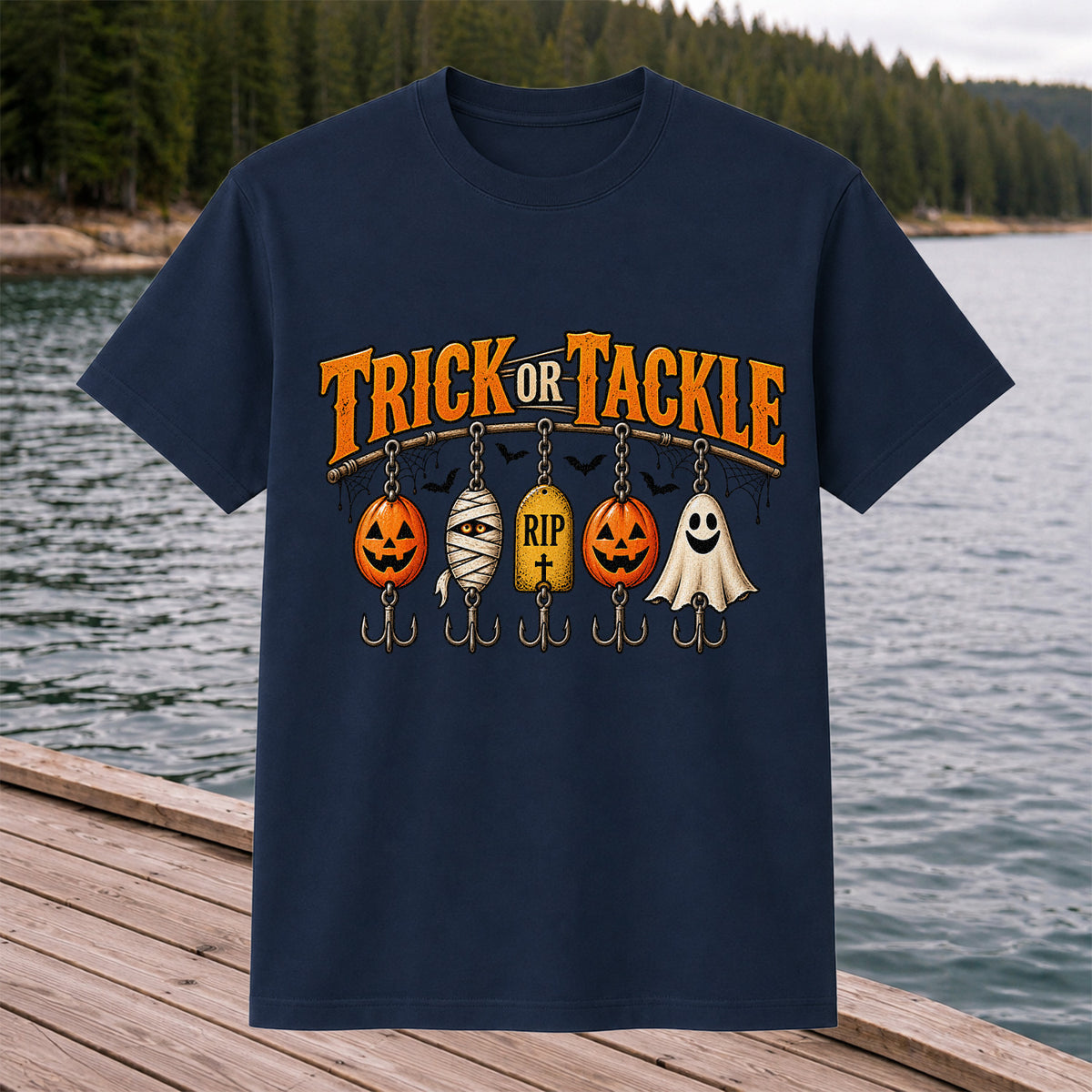 Trick or Tackle Pumpkin Ghost and Mummy Fishing Lures Halloween T-Shirt