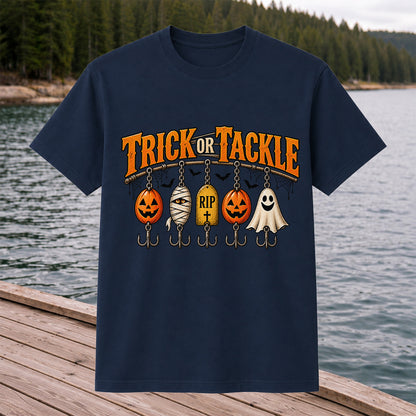 Trick or Tackle Pumpkin Ghost and Mummy Fishing Lures Halloween T-Shirt