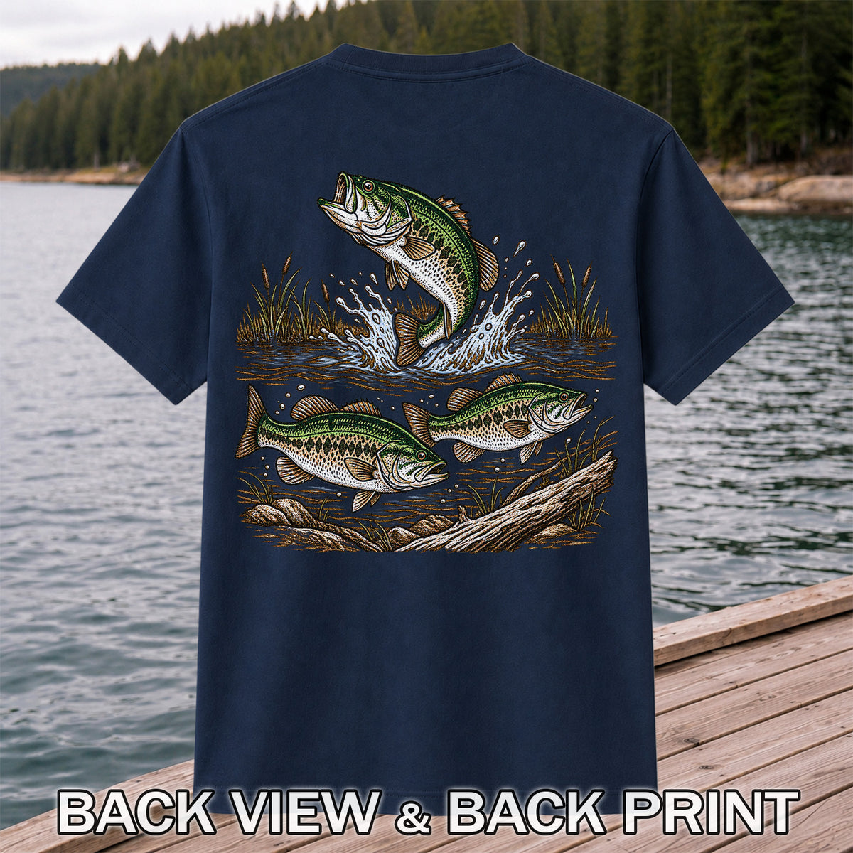 Largemouth Bass Jumping River Fishing Graphic T-Shirt | Back Print