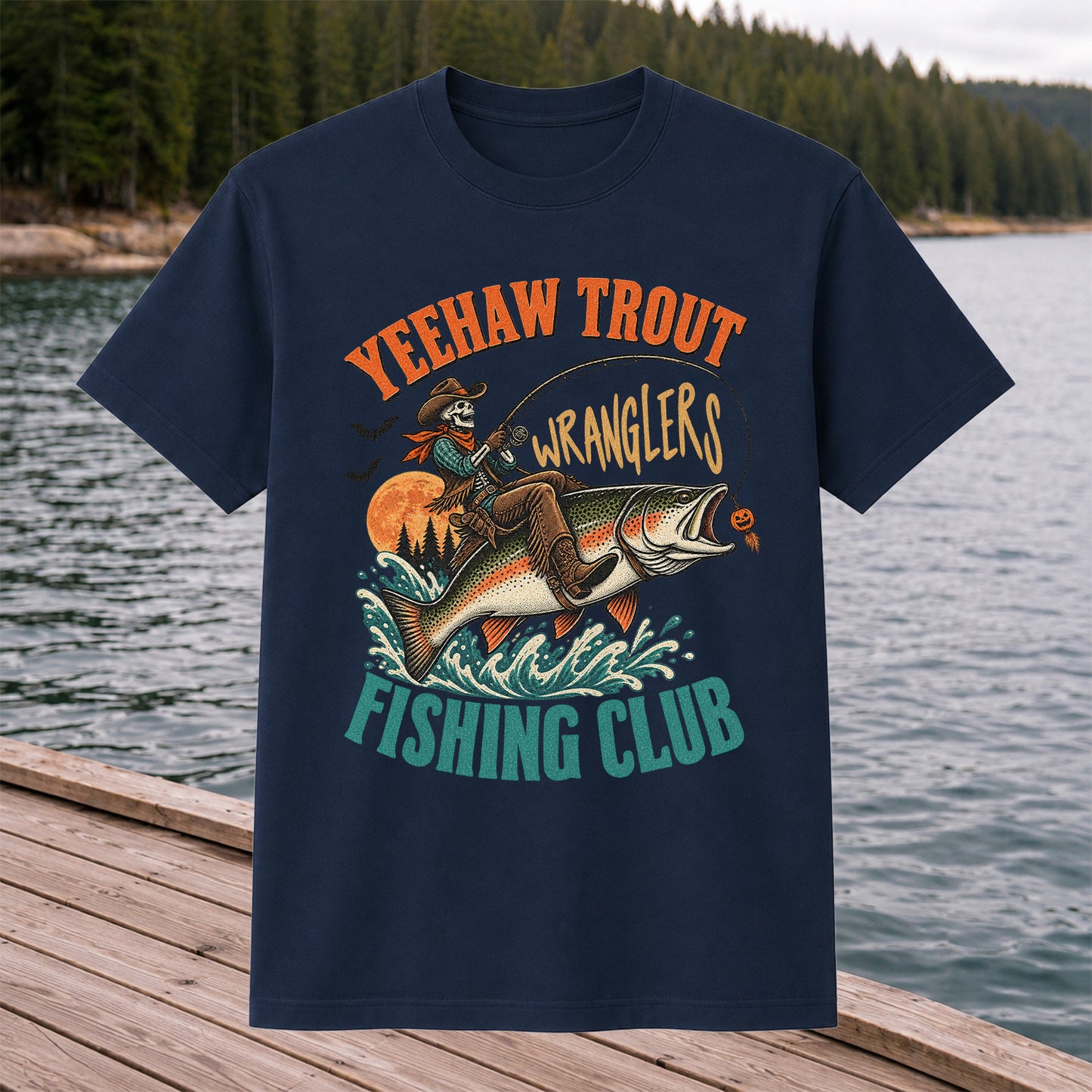 Yeehaw Trout Wranglers Fishing Club Cowboy Skeleton T-Shirt