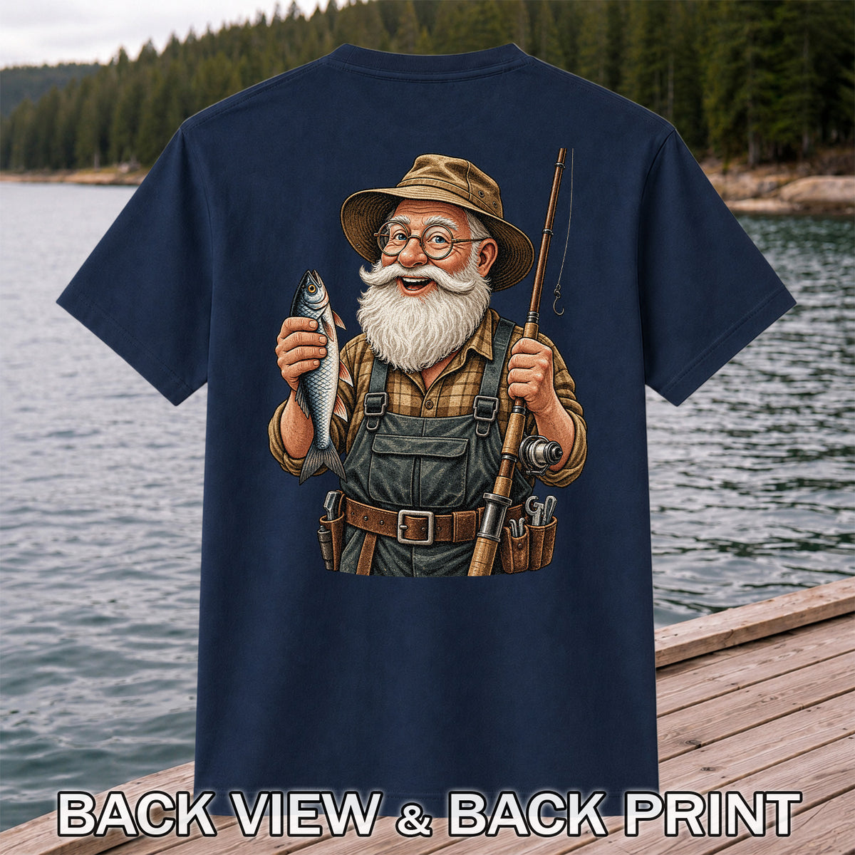 Bearded Angler Holding a Fish and Fishing Rod Graphic T-Shirt | Back Print