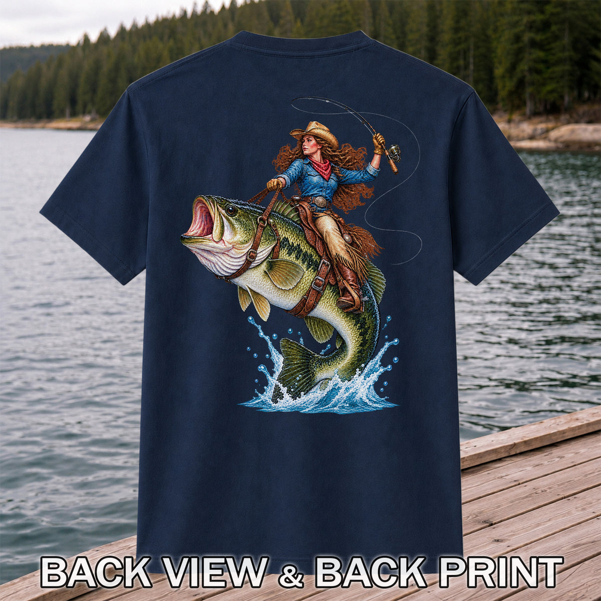 Cowgirl Riding a Largemouth Bass Fishing Graphic T-Shirt | Back Print