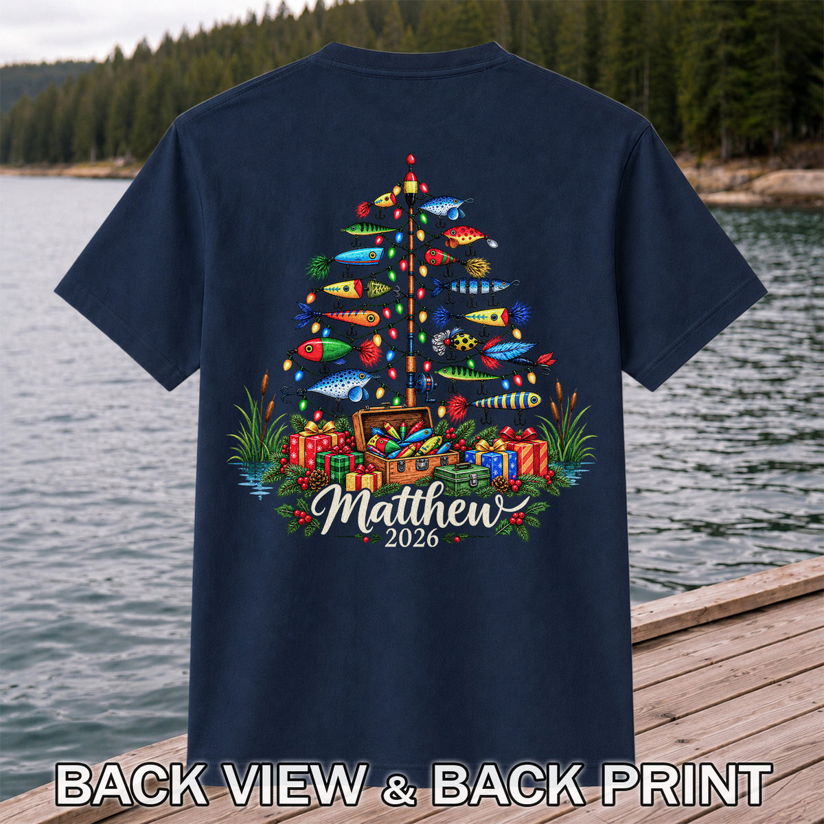 Personalized Christmas Fishing Lure Tree Name Graphic T-Shirt | Back Print