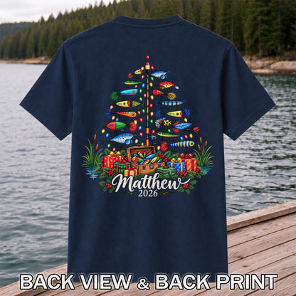 Personalized Christmas Fishing Lure Tree Name Graphic T-Shirt | Back Print