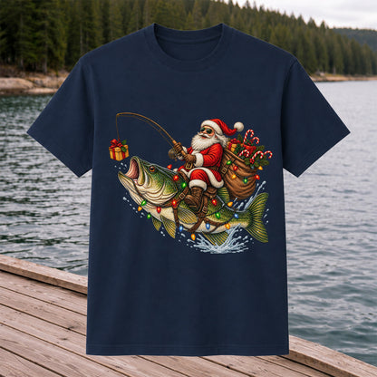 Santa Riding a Largemouth Bass Christmas Fishing Graphic T-Shirt