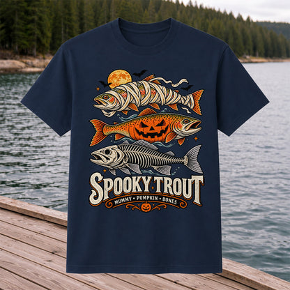 Spooky Trout Mummy Pumpkin Bones Halloween Fishing T-Shirt