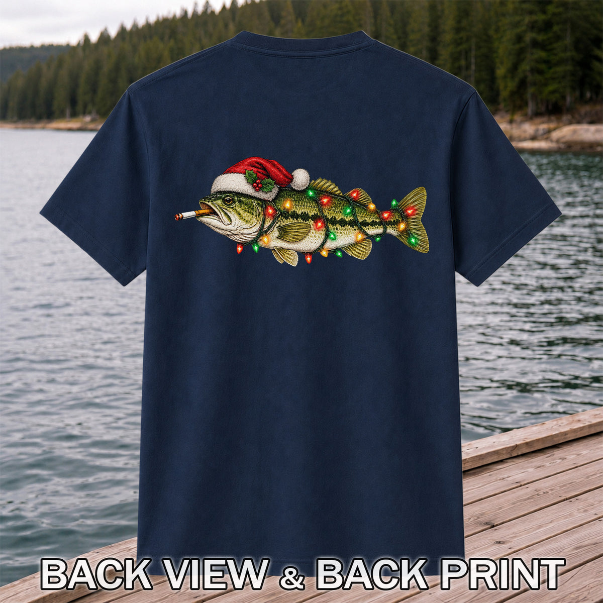 Christmas Bass Fishing Lights and Santa Hat Graphic T-Shirt | Back Print
